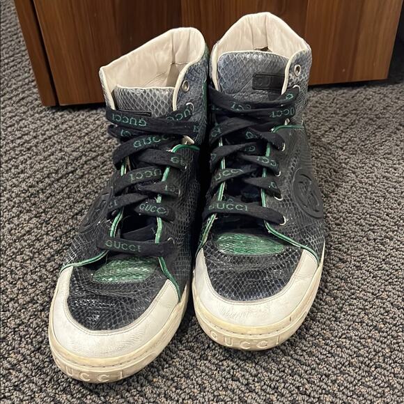Gucci Black and Green Limited Edition Python High-Top Sneakers - Picture 1 of 8